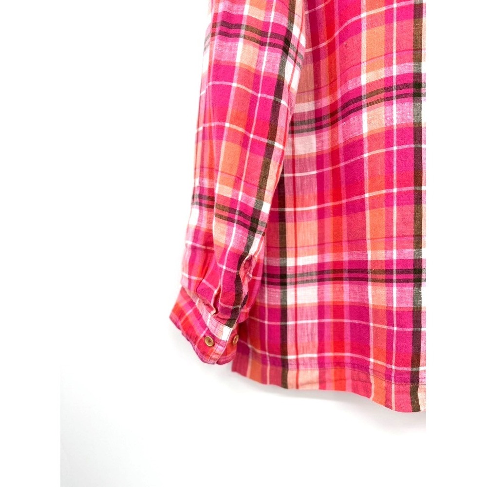Jones New York Sport Shirt L 100% Linen Plaid Madras Button Front Preppy - Picture 6 of 12